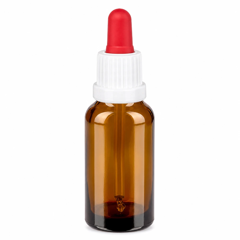 Butelka do leków płynnych 20 ml, biała/czerwona OV BrownLine UT18/20 Butelka z pipetą 20 ml, brązowa z białą zakrętką i czerwoną pipetą do precyzyjnego dozowania