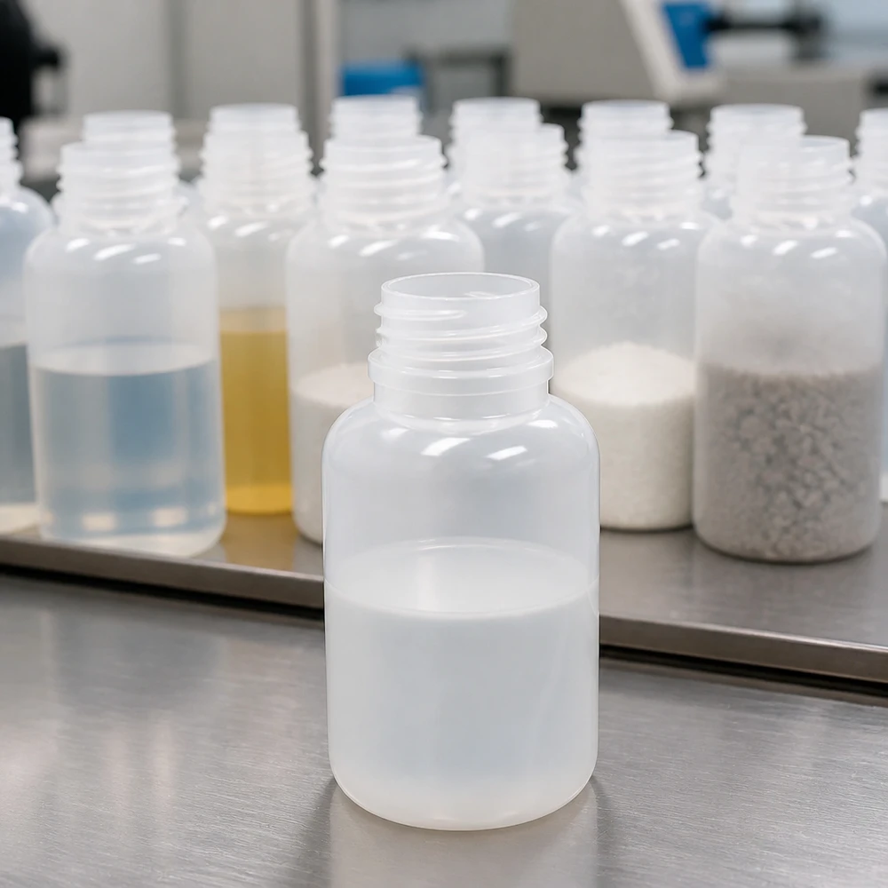 Przezroczysta butelka laboratoryjna o pojemności 250 ml z szeroką szyjką, bez zamknięcia, przeznaczona do przechowywania próbek płynnych i proszkowych