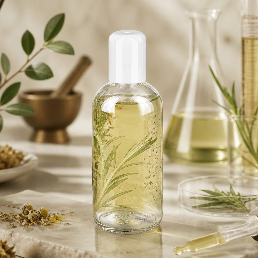 Butelka roll-on 100 ml biała STD ClearLine UT18/100 Butelka z kulką o pojemności 100 ml z gałązkami rozmarynu i ekstraktem ziołowym w przezroczystym pojemniku z PET