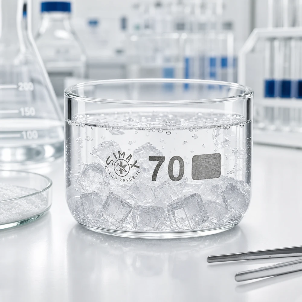 Miska do krystalizacji o pojemności 100 ml wypełniona kostkami lodu w laboratorium na białym blacie roboczym