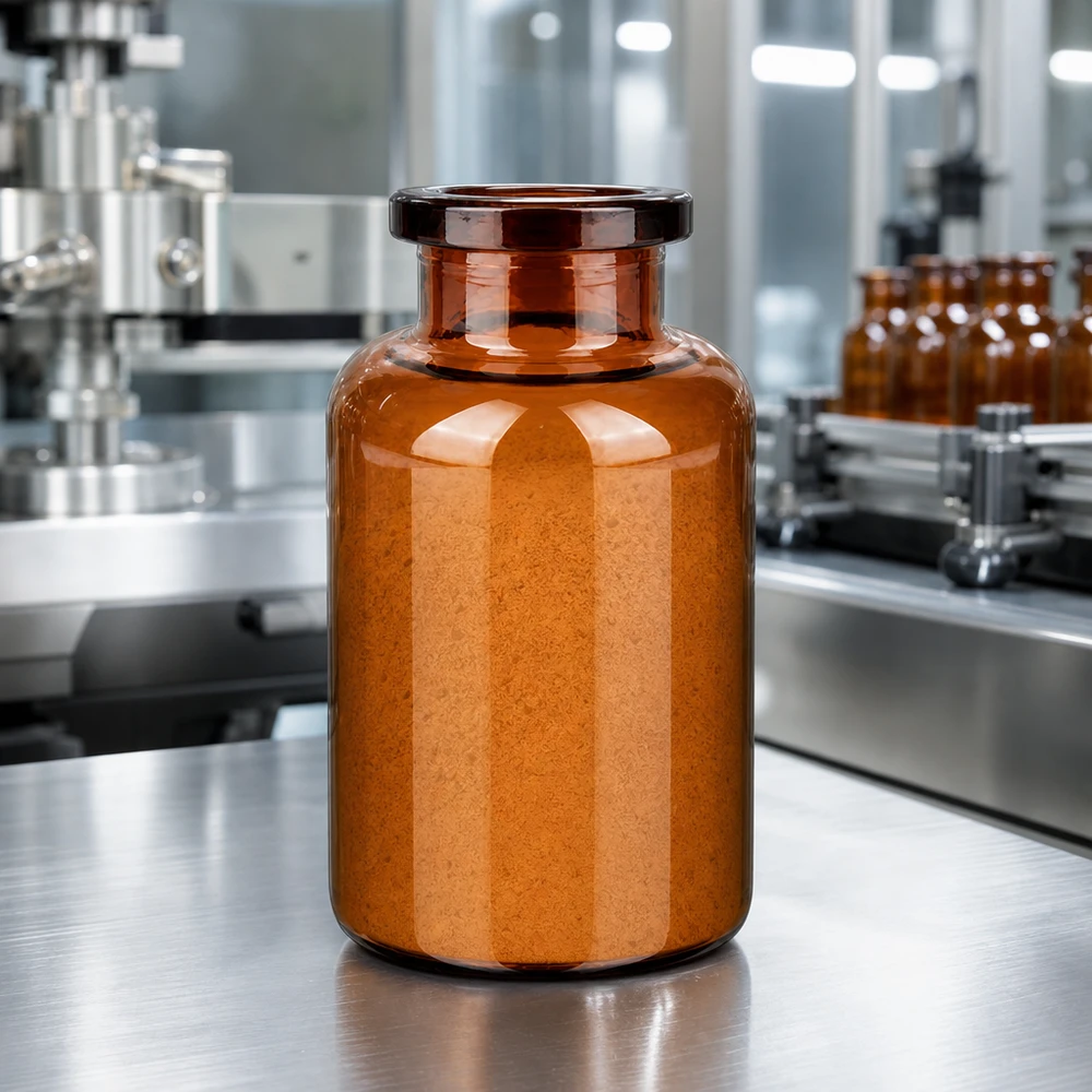 Butelka iniekcyjna z bursztynowego szkła 20 ml Zylindrische Injektionsflasche 20ml Braunglas gefüllt mit orangem Lyophilisat