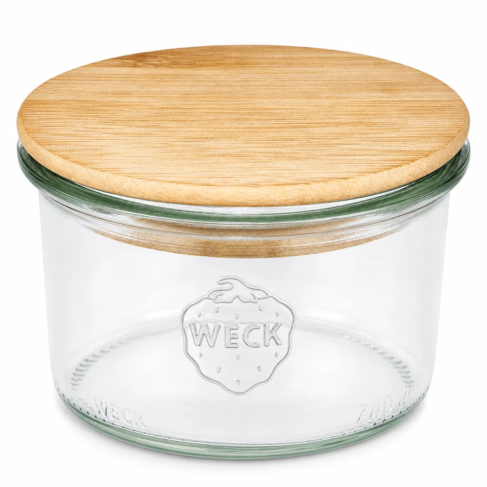 Kubki 200 ml WECK RR80 z drewnianą pokrywką Słoik WECK 200ml RR80 z bambusową drewnianą pokrywką Przezroczysty okrągły słoik do kuchni i przechowywania