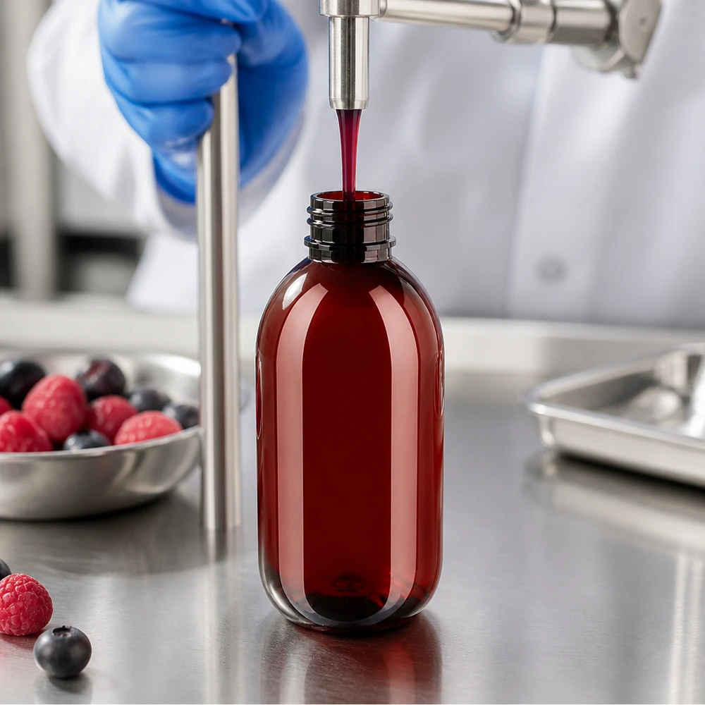Butelka PET 250 ml z białym karbowanym OV Rozlewanie soku jagodowego do brązowej butelki PET o pojemności 250 ml z karbowaną nakrętką w laboratorium