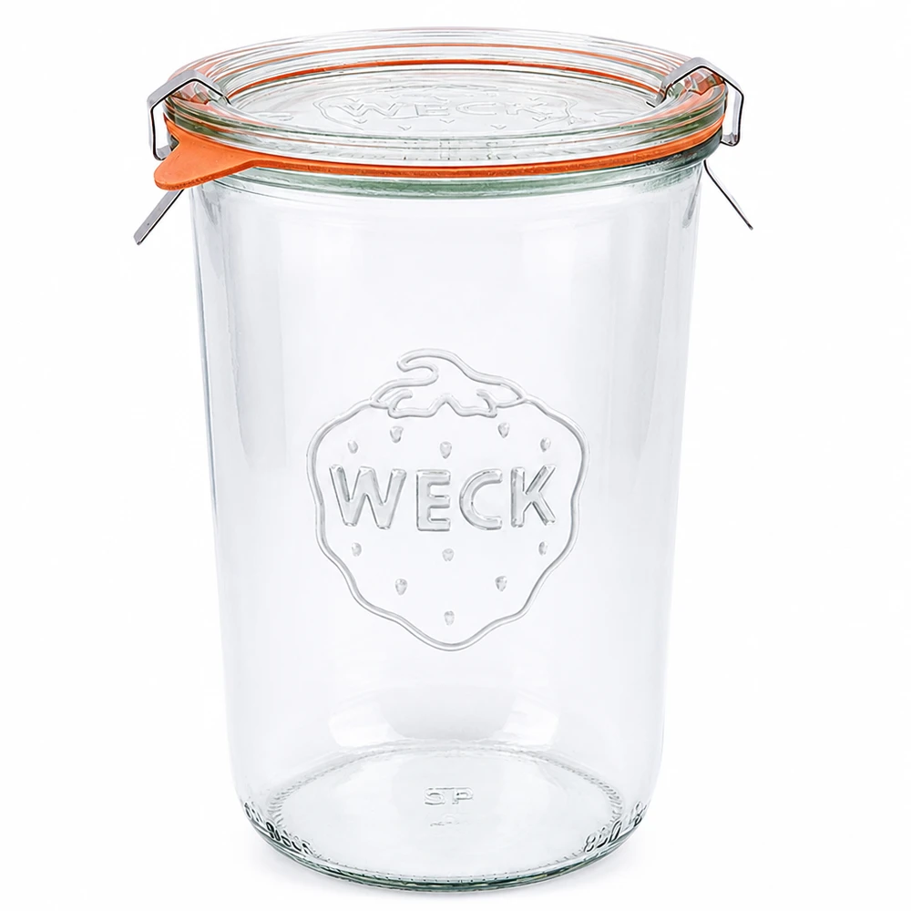 Kubki WECK RR100 850 ml ze szklaną pokrywką, gumowym pierścieniem i zaciskami do konserwowania i przechowywania