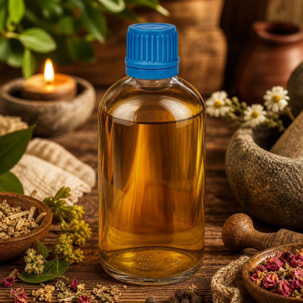 Aromatyczna szklana butelka ClearLine UT18 o pojemności 100 ml z niebieską nakrętką, wśród ziół i roślin leczniczych