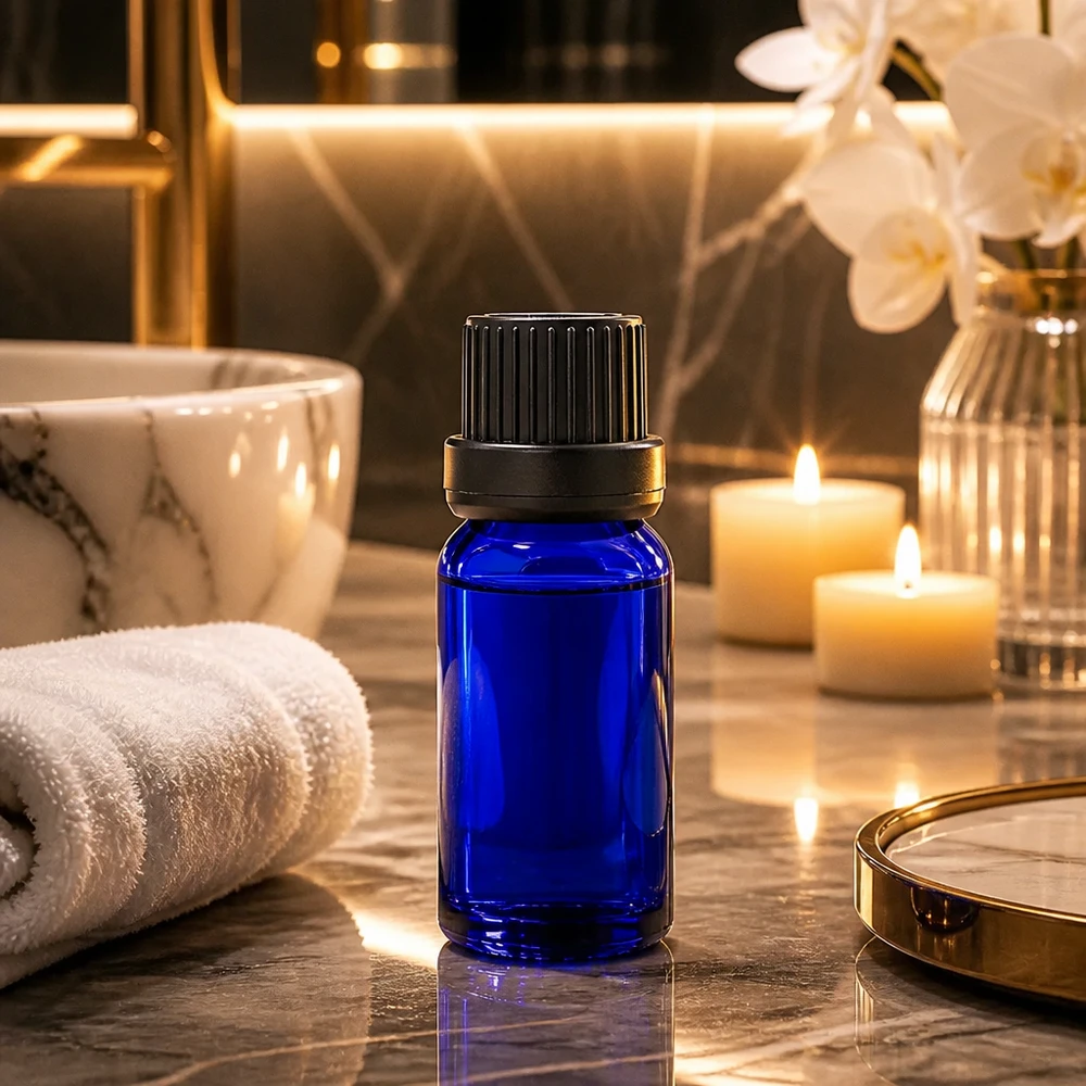 Elegancka szklana butelka BlueLine o pojemności 5 ml z czarną zakrętką do profesjonalnych kosmetyków i wellness