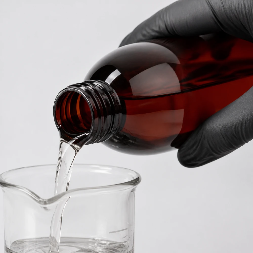 Butelka PET 250ml PP28 bez zakrętki Brązową butelkę PET o pojemności 250 ml (typ PP28) przelewa się do szklanej zlewki z przezroczystym płynem, używając czarnej rękawicy