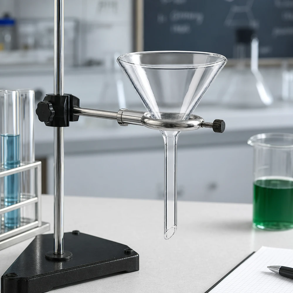 Lejek laboratoryjny wykonany z wytrzymałego szkła sodowo-wapniowego z kompaktowym, krótkim uchwytem zapewniającym oszczędność miejsca podczas przechowywania