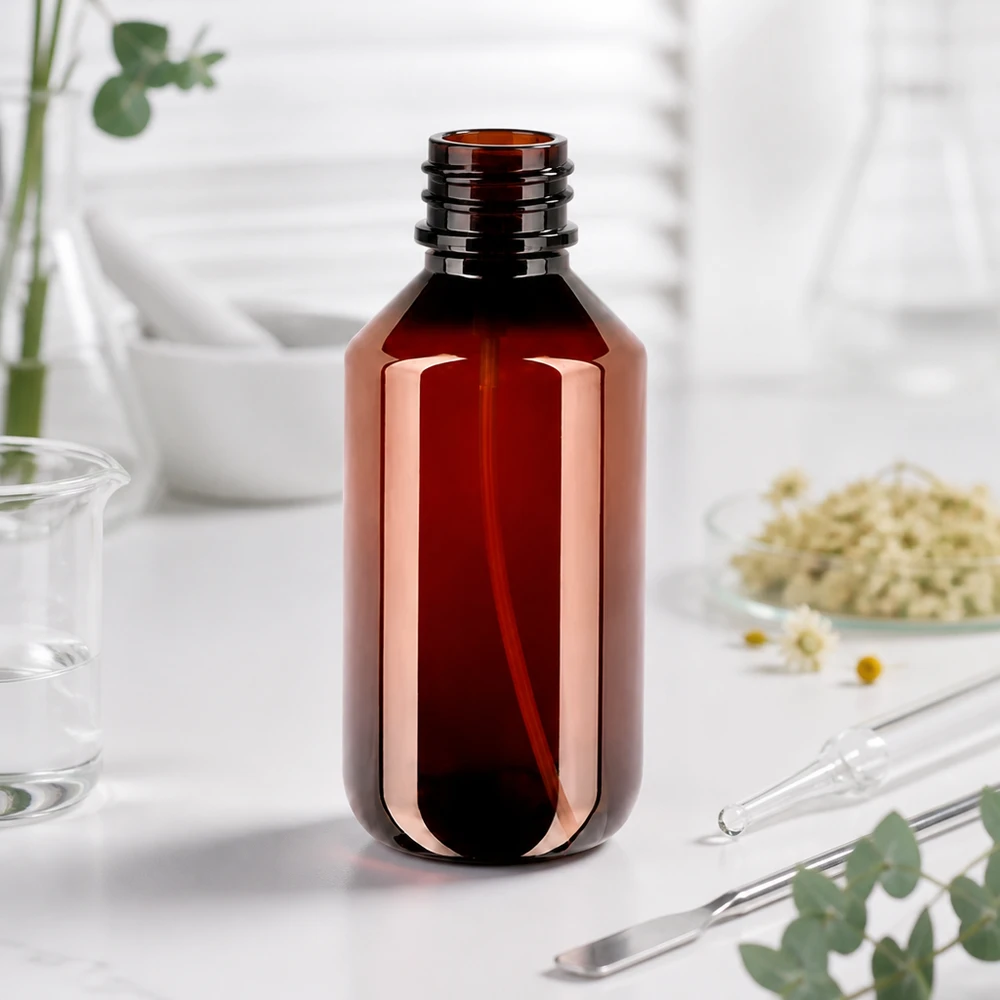 Butelka PET 200 ml z czarnym atomizerem UV-schützende 200ml PET Flasche bernsteinfarben mit schwarzem Zerstäuber für Aromatherapie