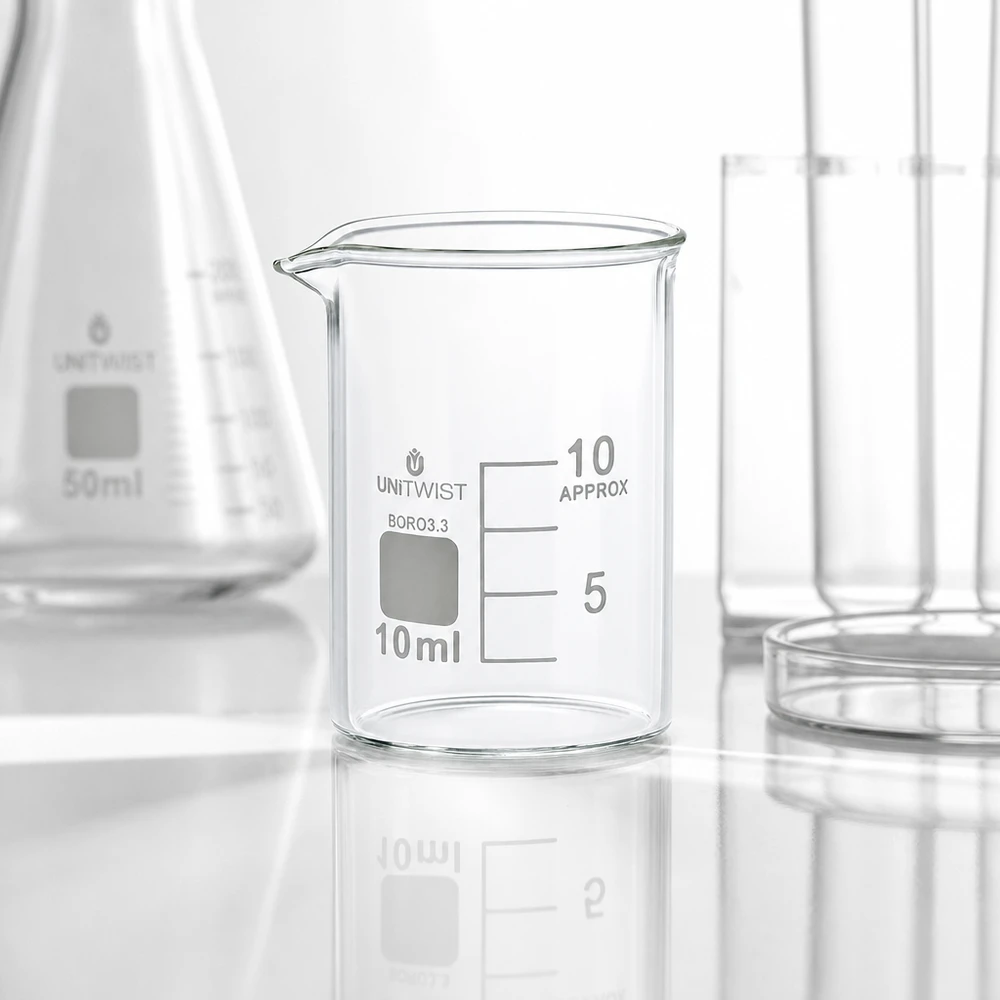 Szklanka UNiTWIST o pojemności 10 ml, o niskim profilu, wykonana z żaroodpornego szkła borokrzemowego 3.3, z wylewką