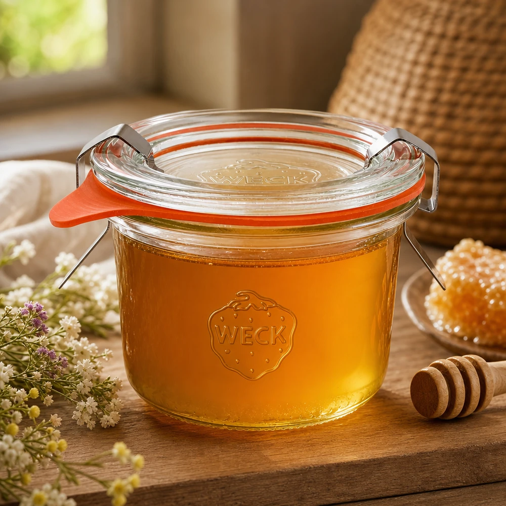 Kubki o pojemności 80 ml w komplecie WECK RR60 Kubki WECK 80ml RR60 wypełnione miodem i łyżeczką do miodu pokazują naturalne przechowywanie płynnych produktów