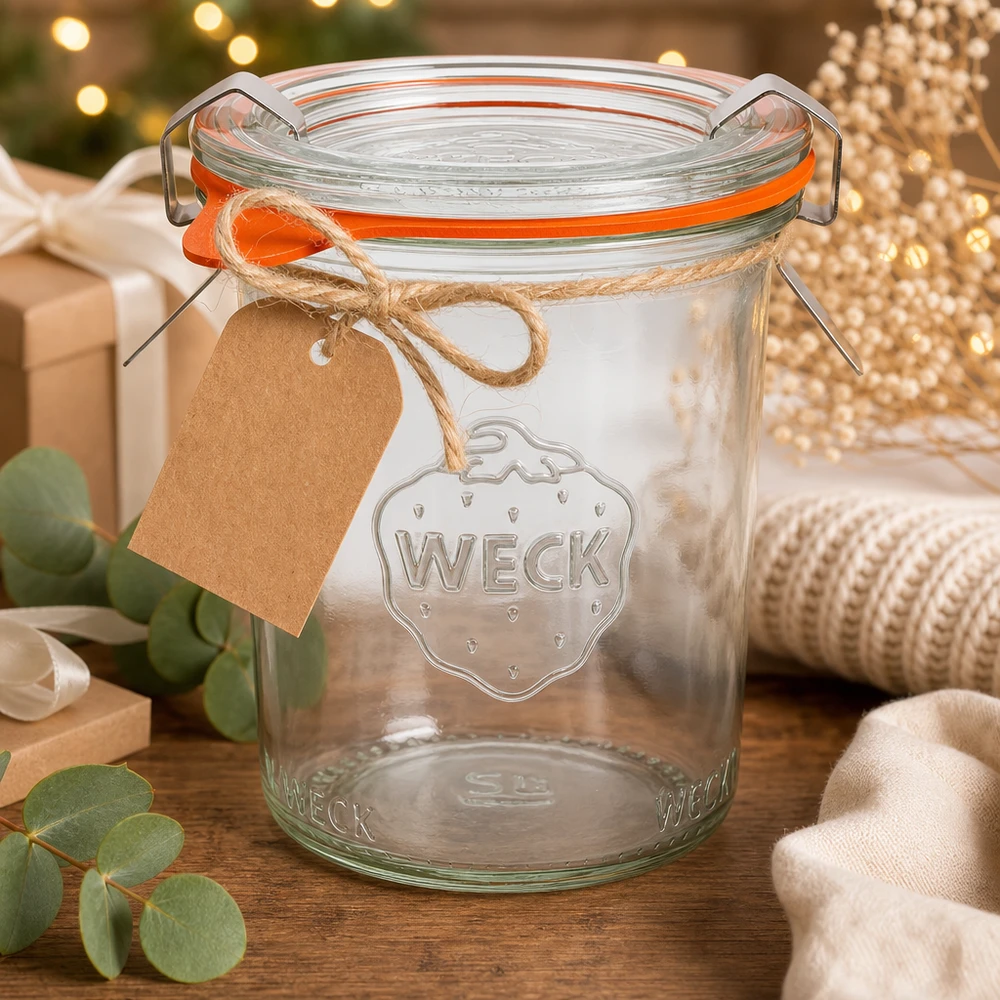 Kubki 160 ml w komplecie WECK RR60 Słoik z masonem WECK 160 ml RR60 jako pomysł na prezent ozdobiony świąteczną przywieszką z papieru pakowego i jutową wstążką