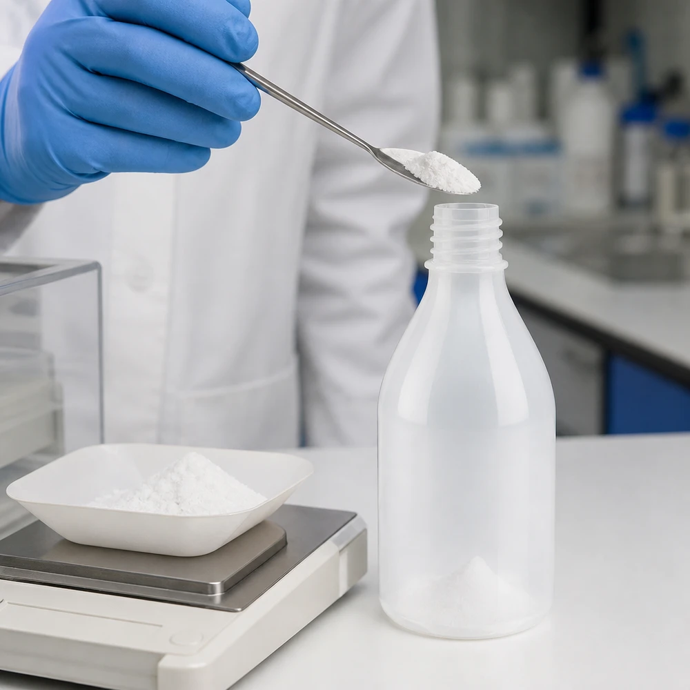 Laborant napełnia w laboratorium butelki o wąskiej szyjce o pojemności 100 ml białym proszkiem za pomocą szpatułki