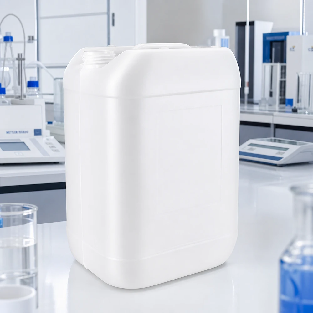 Wytrzymały kanister z HDPE o pojemności 25 litrów, bez pokrywki, z szerokim otworem do napełniania, przeznaczony do zastosowań laboratoryjnych