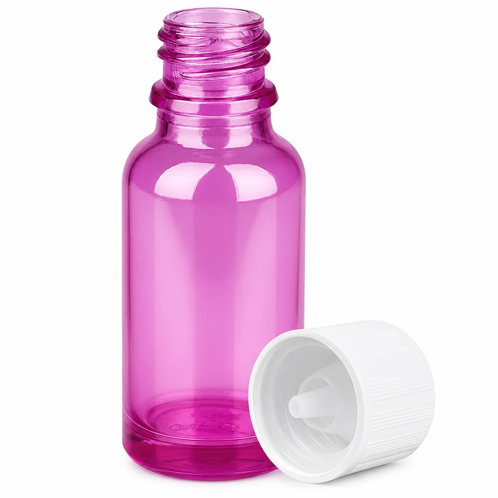 Butelka z zakraplaczem 20 ml 1,2 mm biała, standardowo zabezpieczona przed dziećmi PurpleLine.UT18/20 Mała szklana buteleczka z zakraplaczem o pojemności 20 ml z praktycznym zakraplaczem do olejków eterycznych