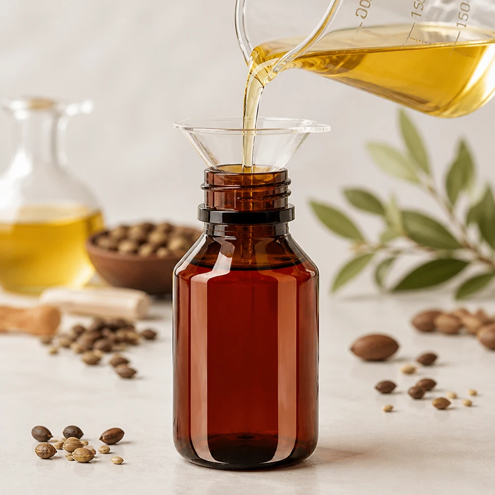 Butelka PET 50 ml z brązową nakrętką Standard Abfüllprozess goldenes Pflanzenöl in braune 50ml PET Flasche mit Trichter
