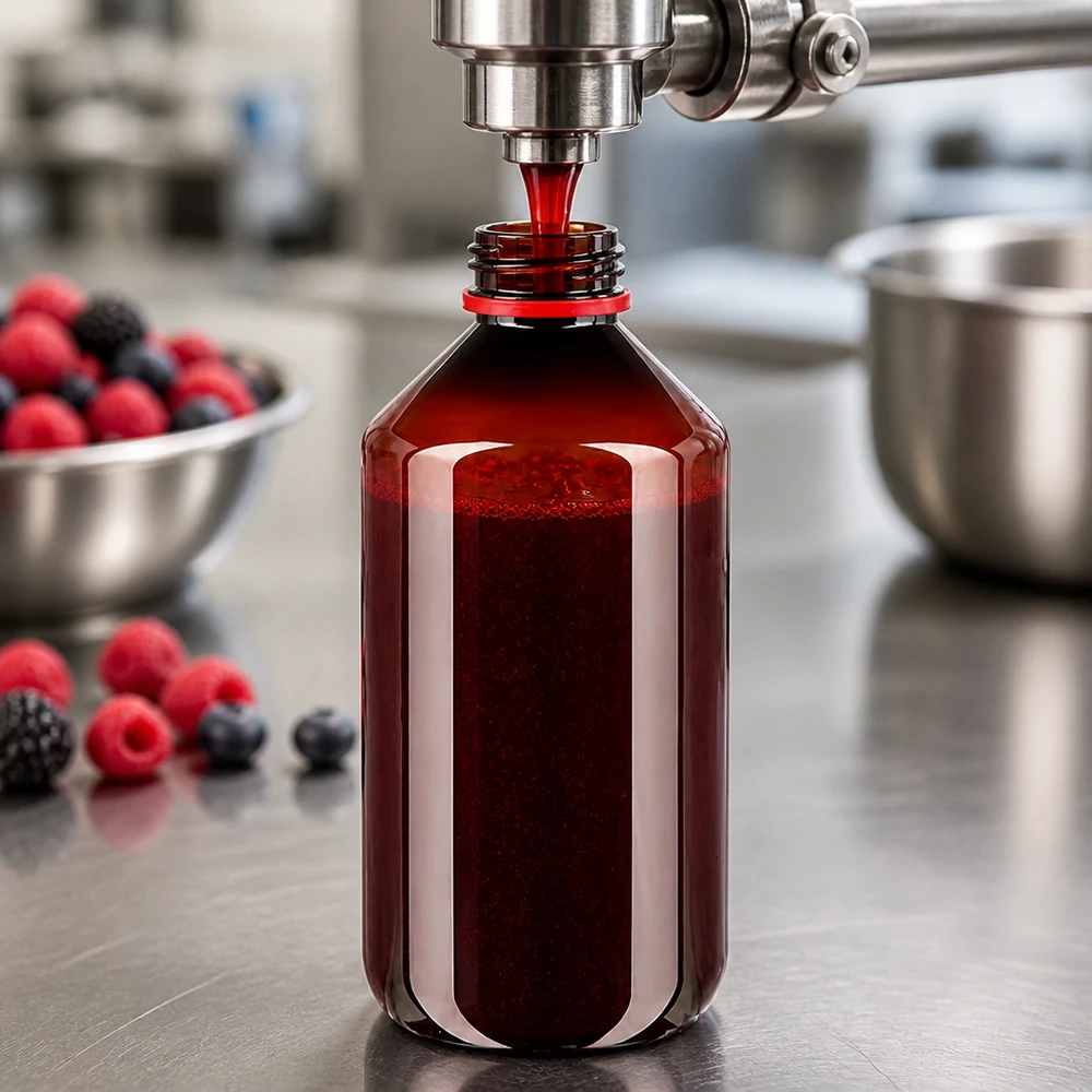 Linia rozlewnicza napełnia brązową butelkę PET o pojemności 500 ml czerwonym sokiem jagodowym i zakręca ją biało-czerwoną nakrętką