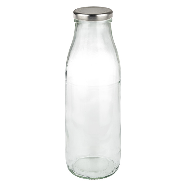 Szklana butelka 500 ml + pokrywka BasicSeal w kolorze srebrnym UNiTWIST. Ca&#322;kowicie szczelna z du&#380;&#261; pokrywk&#261; TO48. Do mleka, sok&#243;w i lemoniady.