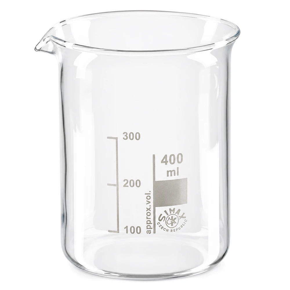 Zlewka 400 ml ze szkła borokrzemowego, niski kształt Precyzyjna zlewka laboratoryjna o pojemności 400 ml wykonana z żaroodpornego szkła borokrzemowego z podziałką mililitrową