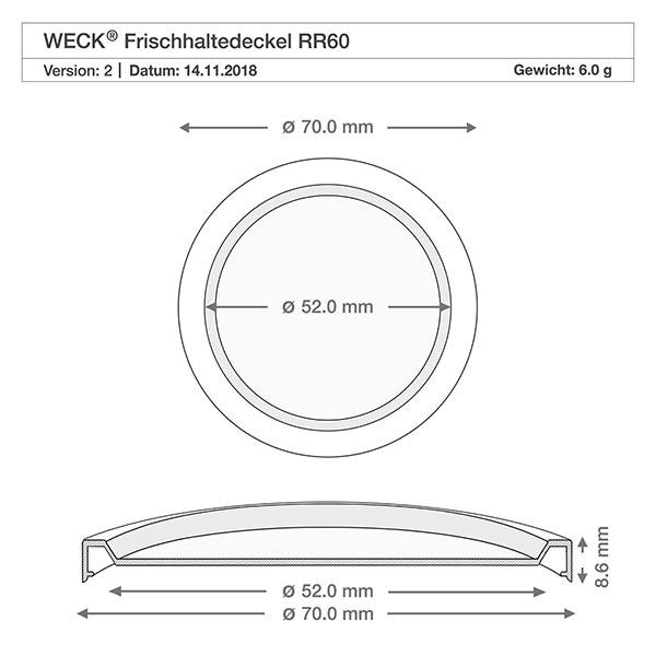 WECK/REX pokrywa utrzymująca świeżość RR60 Rysunek techniczny pokrywy WECK RR60 o wymiarach 70 mm średnica zewnętrzna 52 mm średnica wewnętrzna