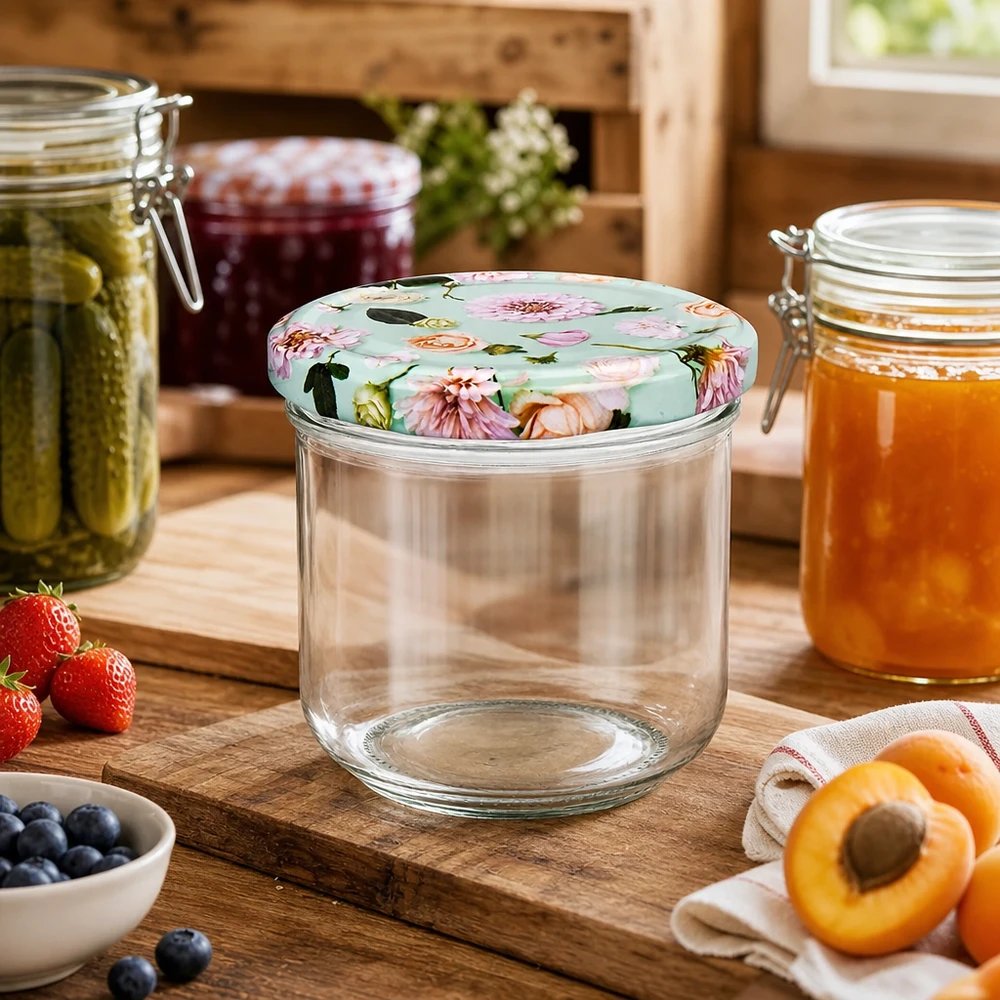 260 ml pusty słoik z pokrywką BasicSeal w kształcie kwiatu mięty między słoikami w rustykalnej kuchni ze świeżymi owocami