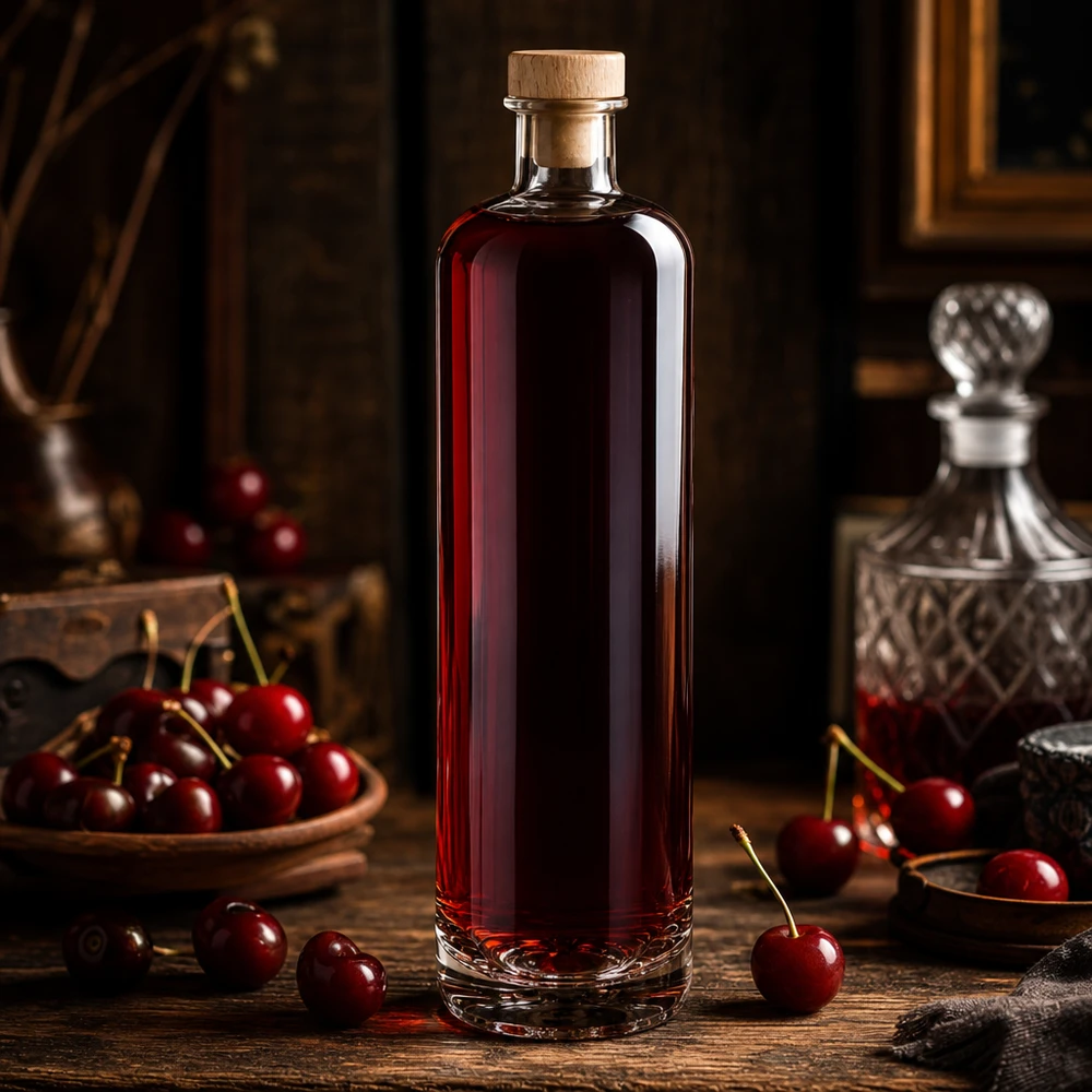 700 ml szklana butelka Ella wypełniona likierem wiśniowym i drewnianym korkiem w eleganckiej atmosferze destylarni ze świeżymi wiśniami
