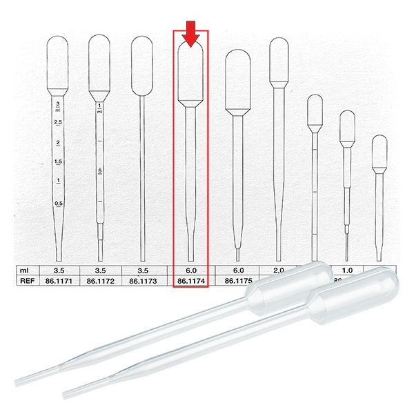 Pipeta transferowa, objętość nominalna: 6 ml, (dł. x szer.): 152 x 15 mm, materiał: LD-PE, przezroczysta, wielkość kropli: 40 µl - 55 µl, 400 sztuk/karton Pipeta transferowa, objętość nominalna: 6 ml, (dł. x szer.): 152 x 15 mm, materiał: LD-PE, przezroczysta, wielkość kropli: 40 µl - 55 µl, 400 sztuk/karton