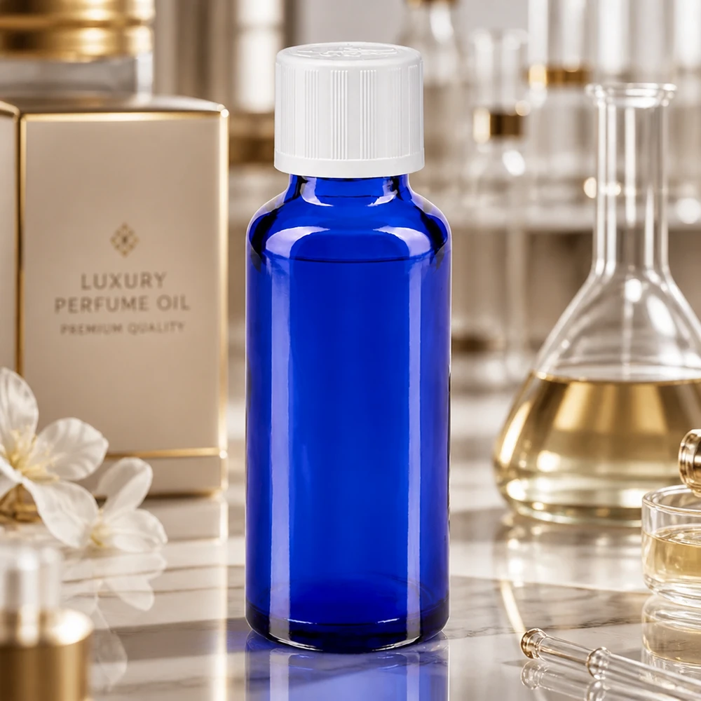 Butelka laboratoryjna o pojemności 30 ml, wykonana z kobaltowo-niebieskiego szkła, z białym zamknięciem zabezpieczającym przed dziećmi, w otoczeniu laboratoryjnym