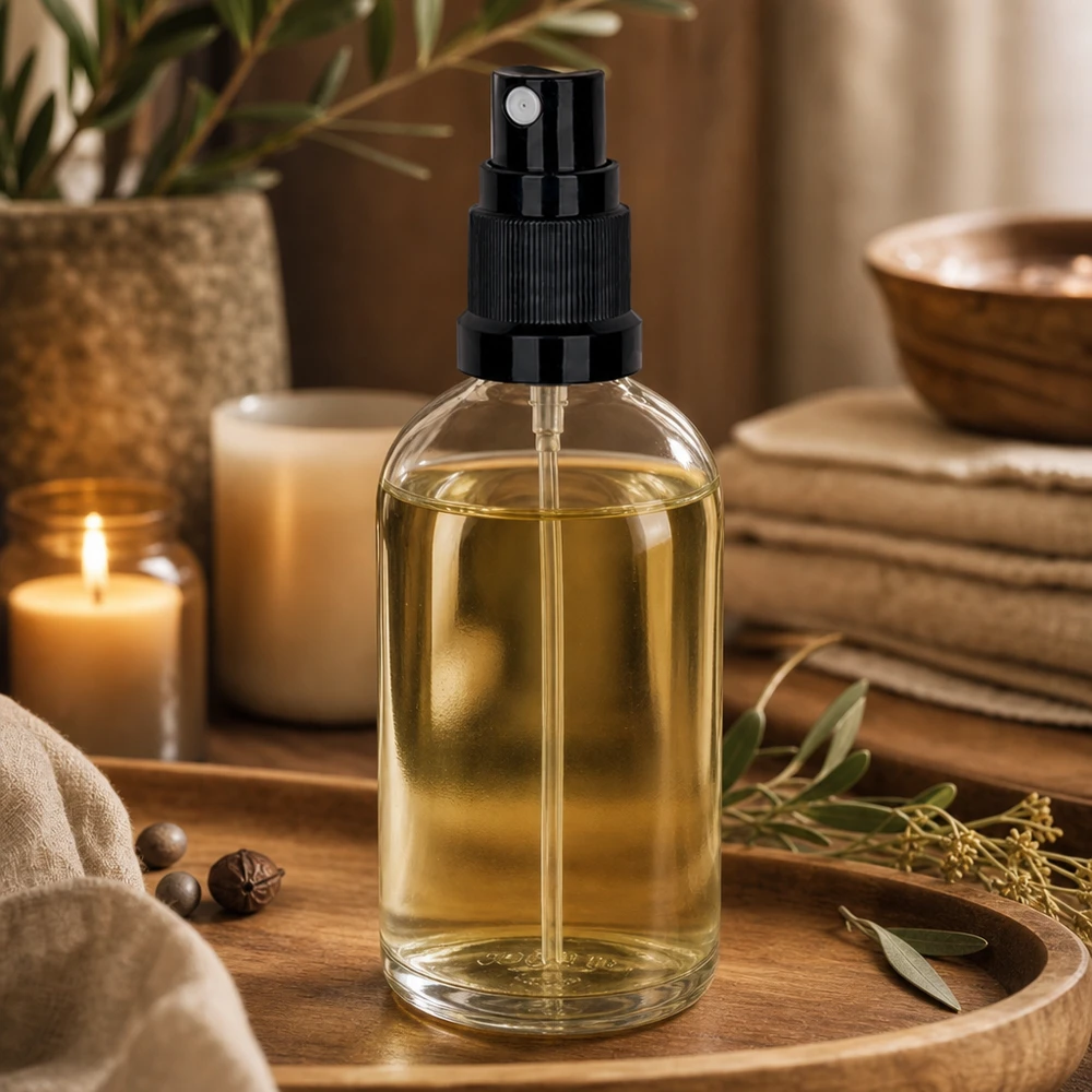 Szklana butelka z atomizerem do aromaterapii, 100 ml, ze złotym olejkiem i czarnym atomizerem, Wellness Ambiente