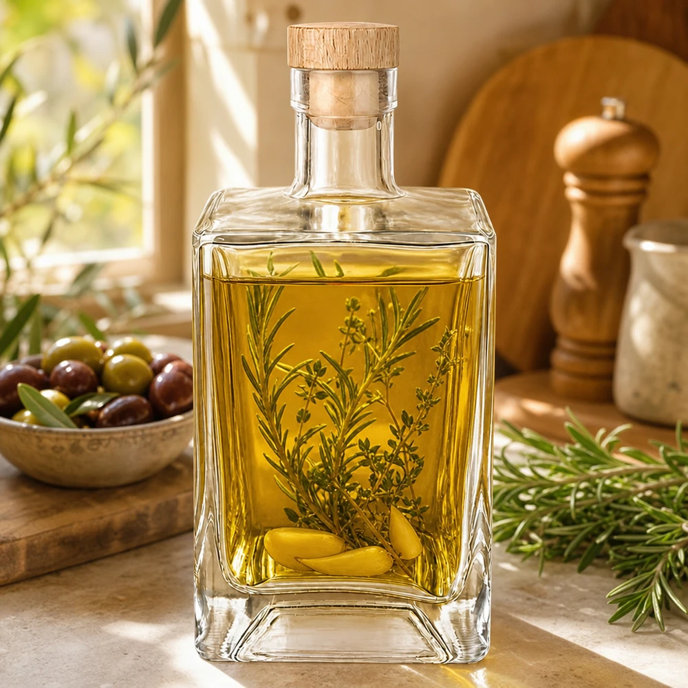 700ml szklana butelka Ben wypełniona oliwą z oliwek zioła kuchnia śródziemnomorska gałązka rozmarynu oliwki drewniany korek UNiTWIST
