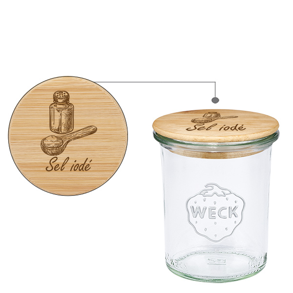 Drewniana pokrywka „Sel iodé” z szklanym wkładem WECK 160 ml Drewniana pokrywka „Sel iodé” z szklanym wkładem WECK 160 ml