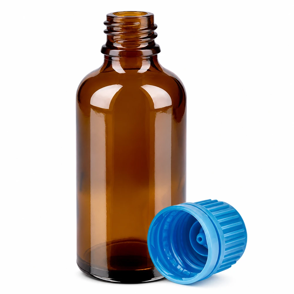 Brązowa butelka na lekarstwa 50 ml z gwintem i niebieską zakrętką z serii BrownLine