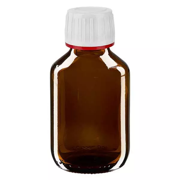 Butelka na lek 100 ml brązowa, zakrętka biała z czerwonym pierścieniem ApoGlas umożliwiającym manipulację. Farmaceutyczna jakość produkcji UE. Gwint 28 mm (PP28). (syrop, butelka z lekkiego szkła) Butelka na lek 100 ml brązowa, zakrętka biała z czerwonym pierścieniem ApoGlas umożliwiającym manipulację. Farmaceutyczna jakość produkcji UE. Gwint 28 mm (PP28). (syrop, butelka z lekkiego szkła)