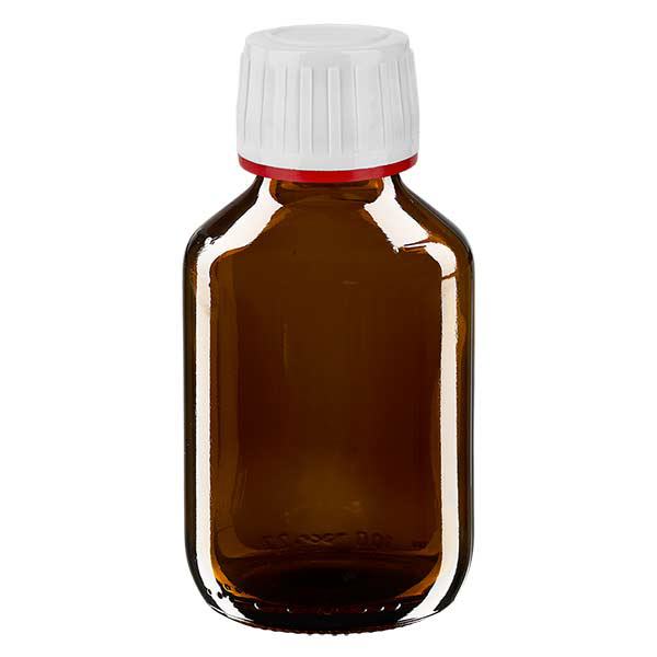 Butelka na lek 100 ml brązowa, zakrętka biała z czerwonym pierścieniem ApoGlas umożliwiającym manipulację. Farmaceutyczna jakość produkcji UE. Gwint 28 mm (PP28). (syrop, butelka z lekkiego szkła) Butelka na lek 100 ml brązowa, zakrętka biała z czerwonym pierścieniem ApoGlas umożliwiającym manipulację. Farmaceutyczna jakość produkcji UE. Gwint 28 mm (PP28). (syrop, butelka z lekkiego szkła)