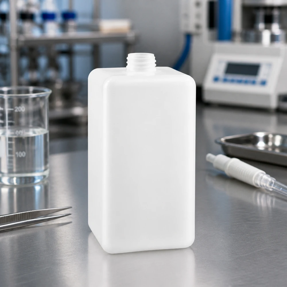 Butelka na chemikalia 1500ml, wąska szyjka wykonana z PE-HD, kolor naturalny, GL 32 Butelka na chemikalia z PE-HD o pojemności 1500 ml, z gwintem GL 32 i wąską szyjką, umieszczona na stole laboratoryjnym ze stali nierdzewnej wraz z zlewką
