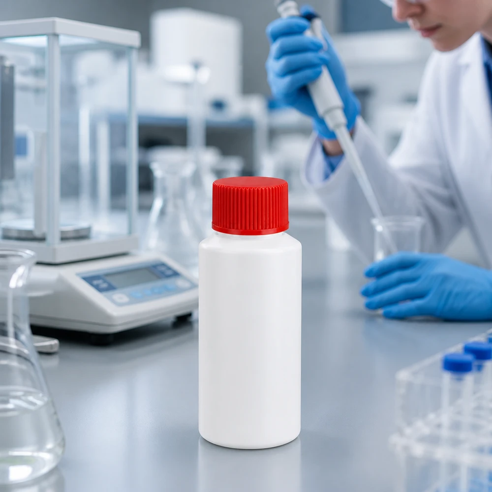 Butelka apteczna HDPE 30ml biała, z czerwonym SV Mała biała butelka z HDPE o pojemności 30 ml z czerwonym zamknięciem zabezpieczającym, przeznaczona do profesjonalnych laboratoriów