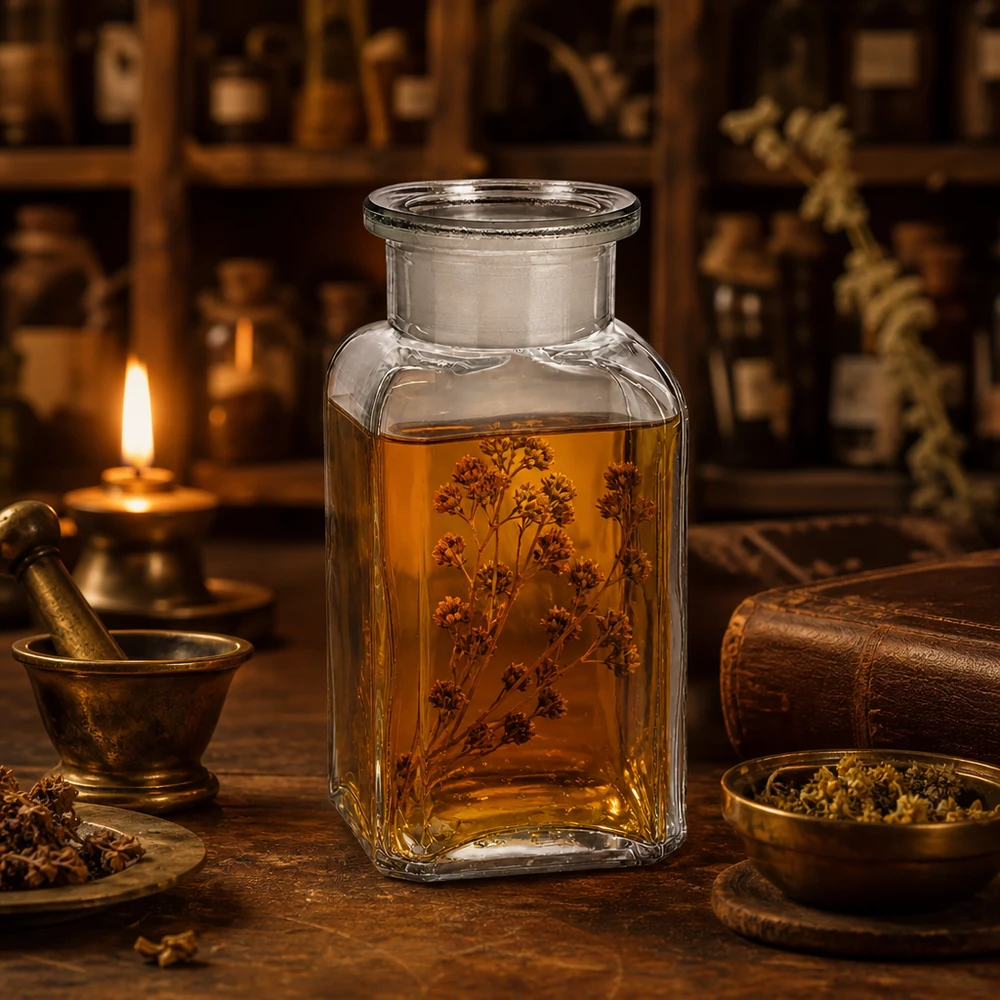 Butelka aptekarska 100 ml, z szeroką szyjką, kwadratowa, przezroczysta, z ekstraktem ziołowym w historycznej scenerii apteki