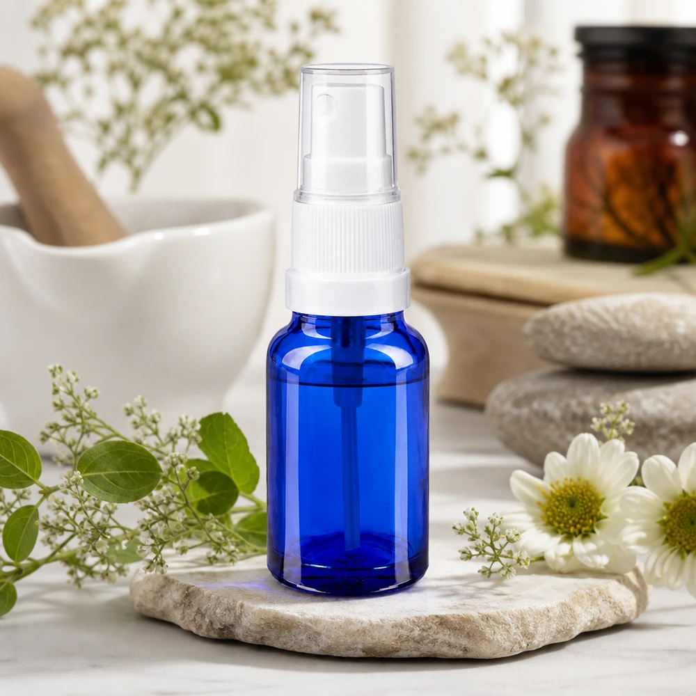 Butelka z rozpylaczem kosmetycznym 10 ml z białą nasadką rozpylającą, idealna do tworzenia naturalnych kosmetyków i sprayów do twarzy.