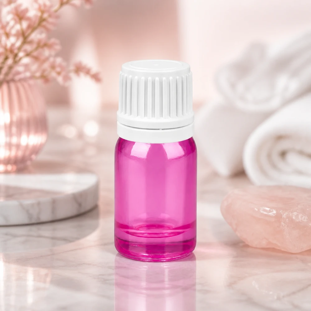 Butelka 5 ml z zakrętką 11 mm w kolorze białym Oryginalna zakrętka PurpleLine UT18/5 Elegancka szklana butelka o pojemności 5 ml w kolorze jasnofioletowym z białą zakrętką na produkty do pielęgnacji skóry