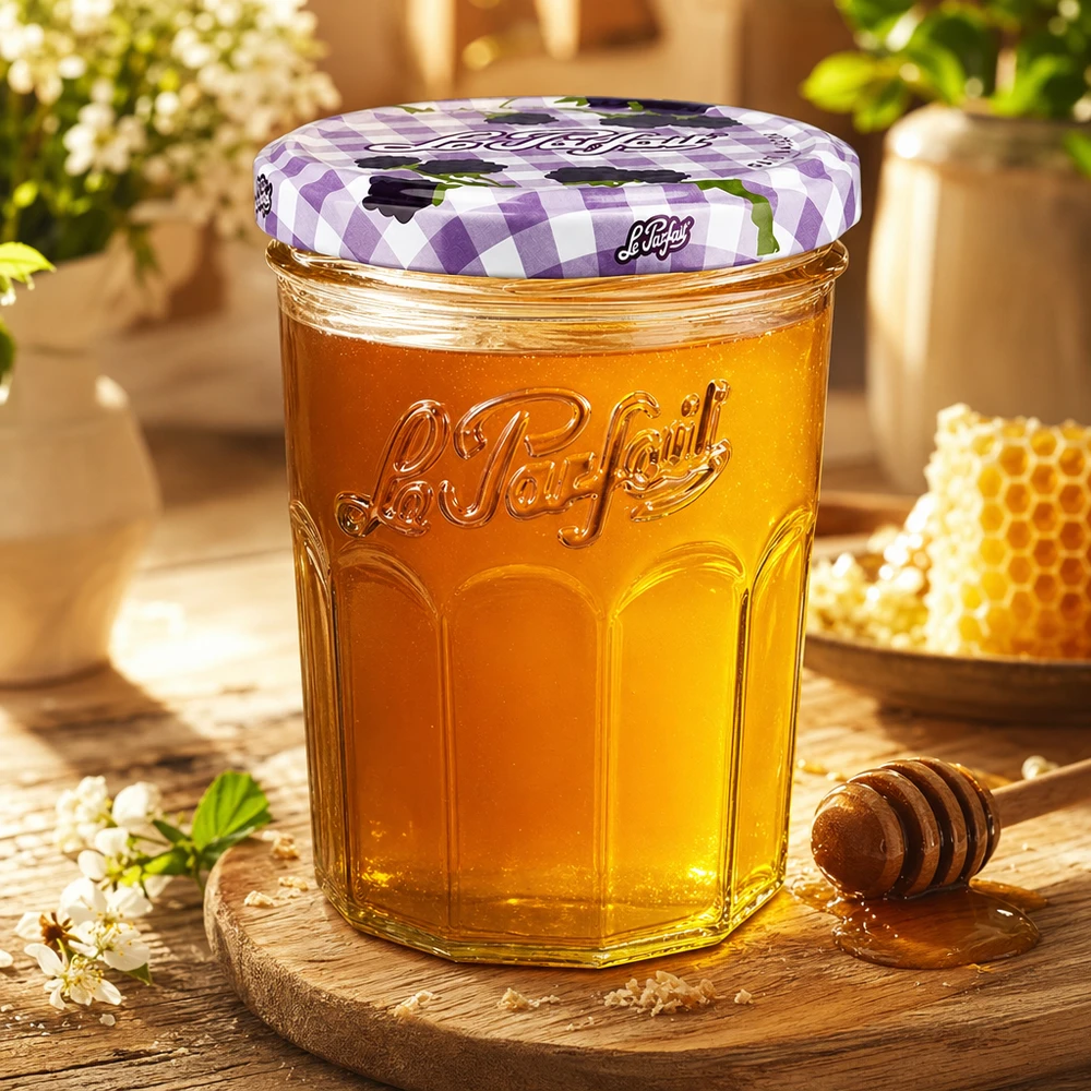 Kubki Le Parfait 385 ml wypełnione miodem obok plastra miodu i łyżki miodu na drewnianej desce w ciepłej atmosferze