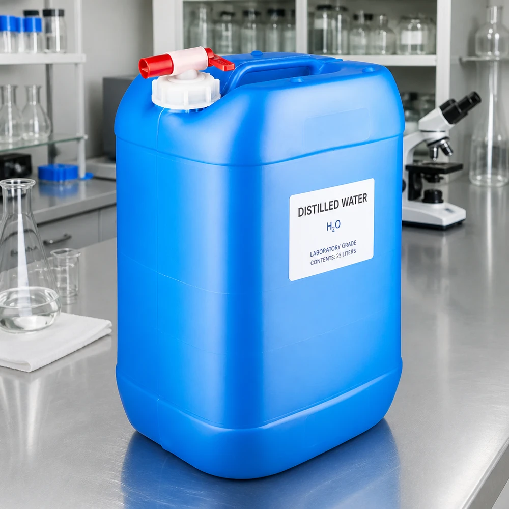 Wytrzymały, niebieski kanister o pojemności 25 litrów z praktycznym kranikiem do zastosowań laboratoryjnych