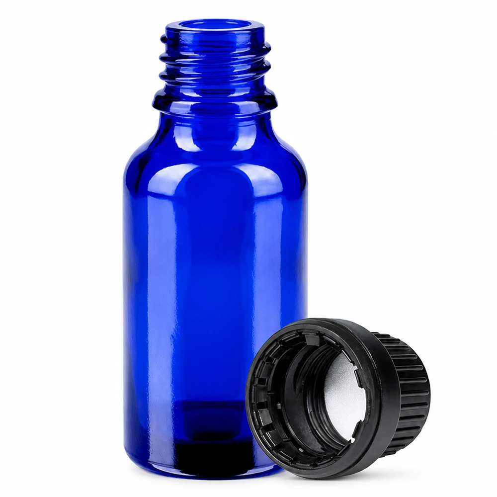 Kobaltowo-niebieska szklana butelka 20 ml z gwintem i czarną nakrętką do aromaterapii