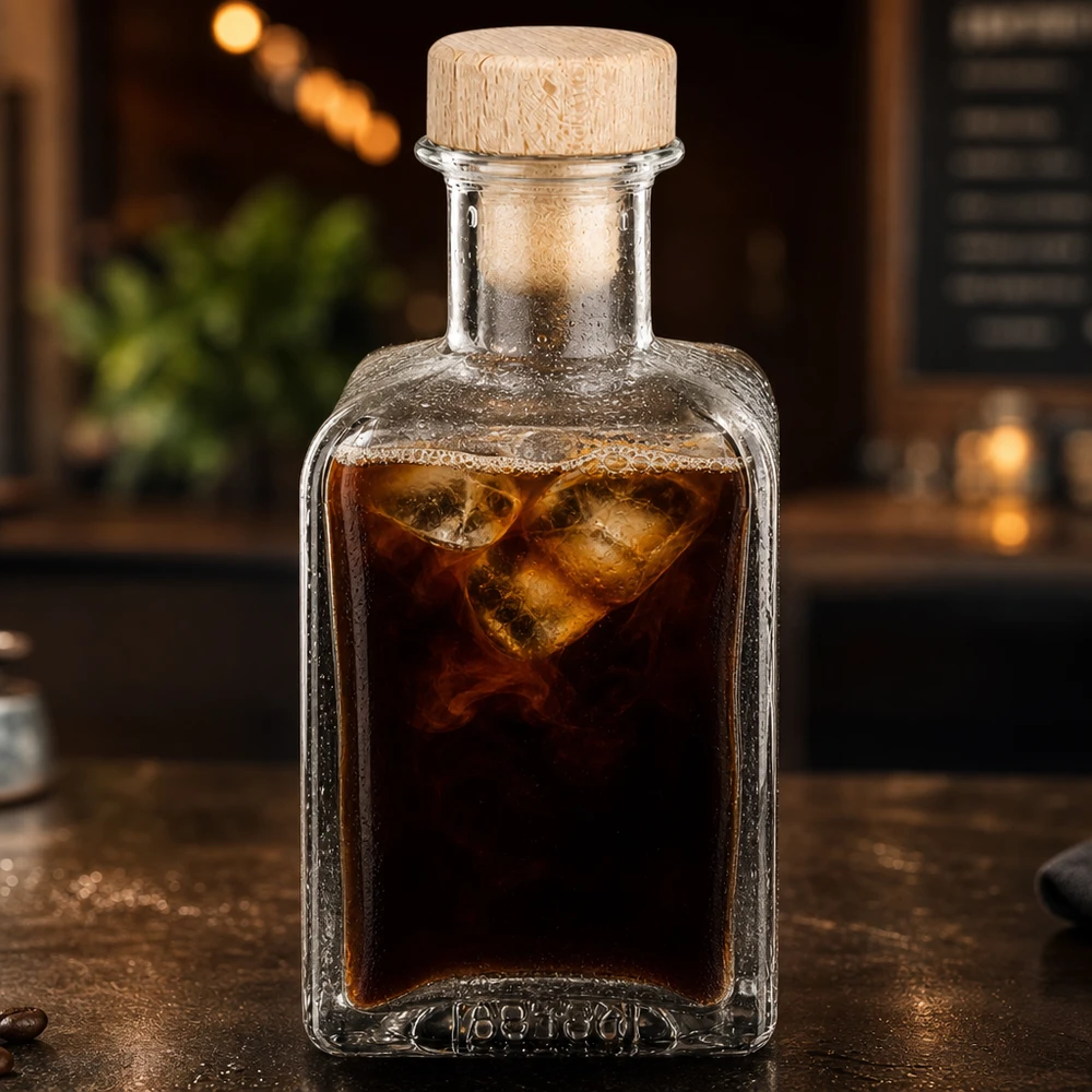 Butelka apteczna 200 ml Clara z drewnianym korkiem UNiTWIST® 200 ml szklana butelka Clara wypełniona zimną kawą kostki lodu drewniany korek nastrojowe oświetlenie atmosfera kawiarni