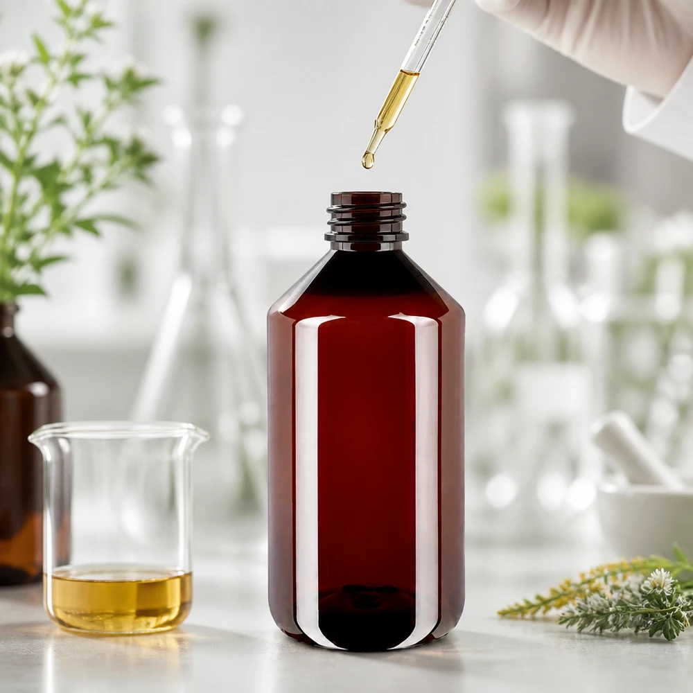 Butelka PET 750 ml z niebieską nakrętką OV Brązowa butelka PET o pojemności 750 ml z zamknięciem zabezpieczającym przed dziećmi w laboratorium