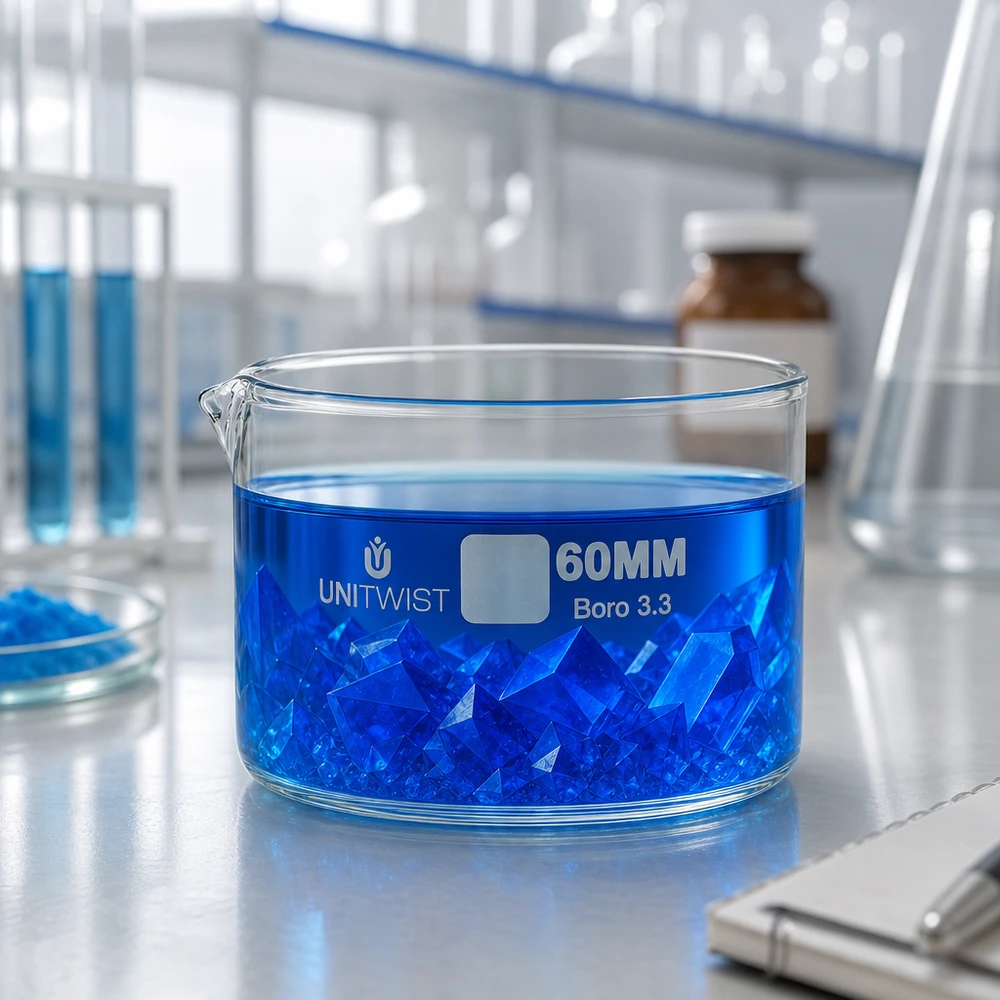 Miska do krystalizacji ø60 mm szkło borokrzemowe UNiTWIST Miska do krystalizacji UNiTWIST 60 mm z niebieskim roztworem siarczanu miedzi i kryształami do zastosowań laboratoryjnych