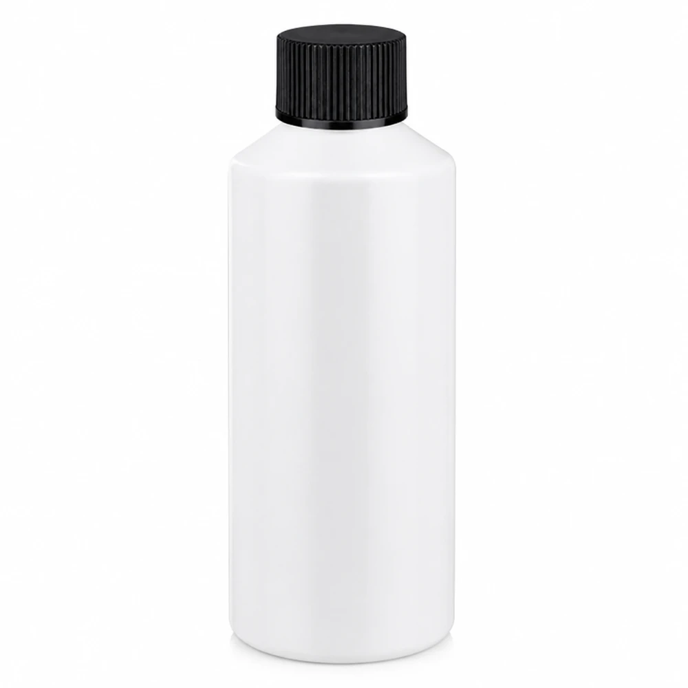 Butelka apteczna HDPE 100ml biała, z czarnym SV Butelka apteczna z HDPE, 100 ml, biała, z czarną zakrętką, wykonana z tworzywa sztucznego dopuszczonego do kontaktu z żywnością