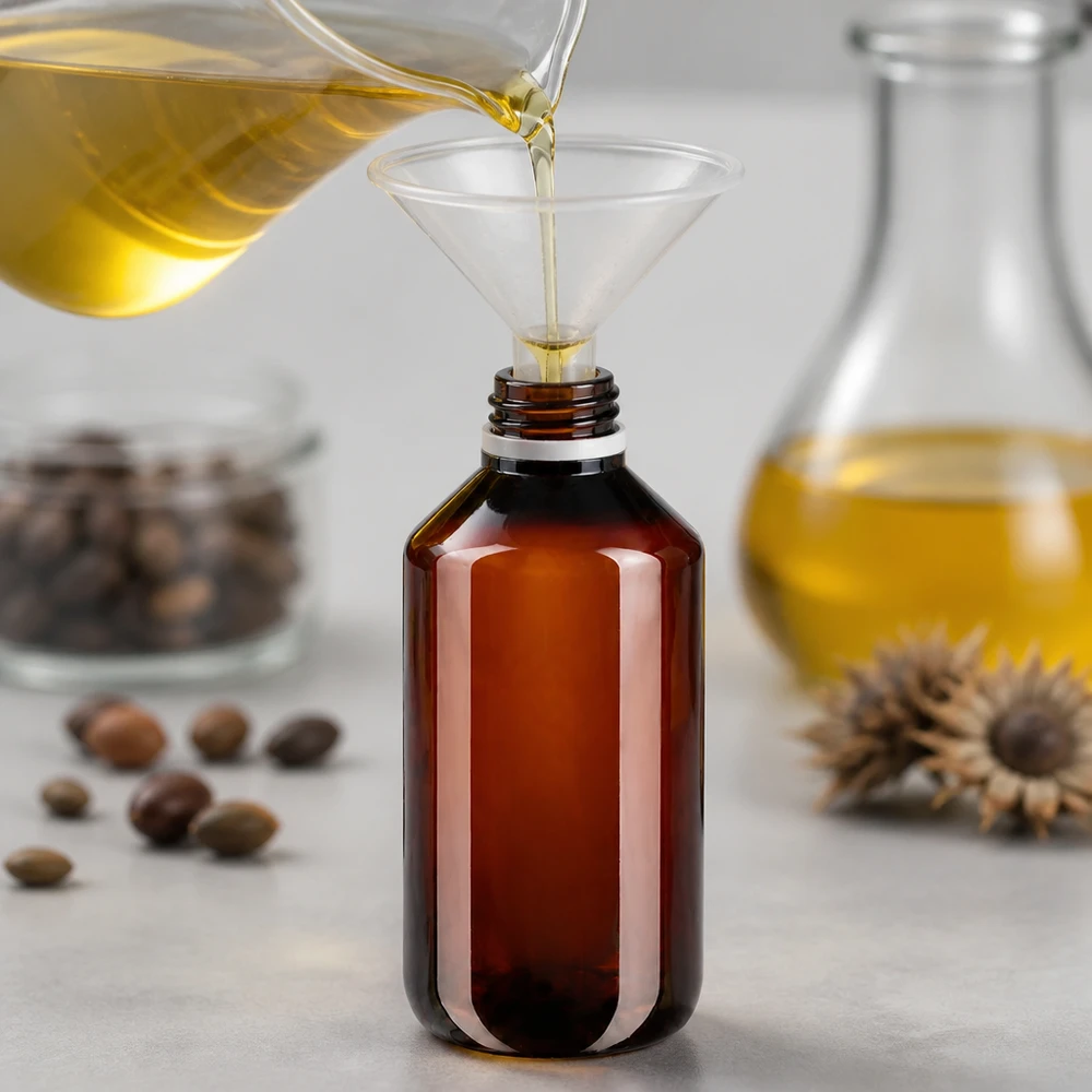 Butelka PET 100 ml z białym karbowanym OV Butelka na olej o pojemności 100 ml z brązowego PET podczas napełniania złotym olejem roślinnym za pomocą lejka