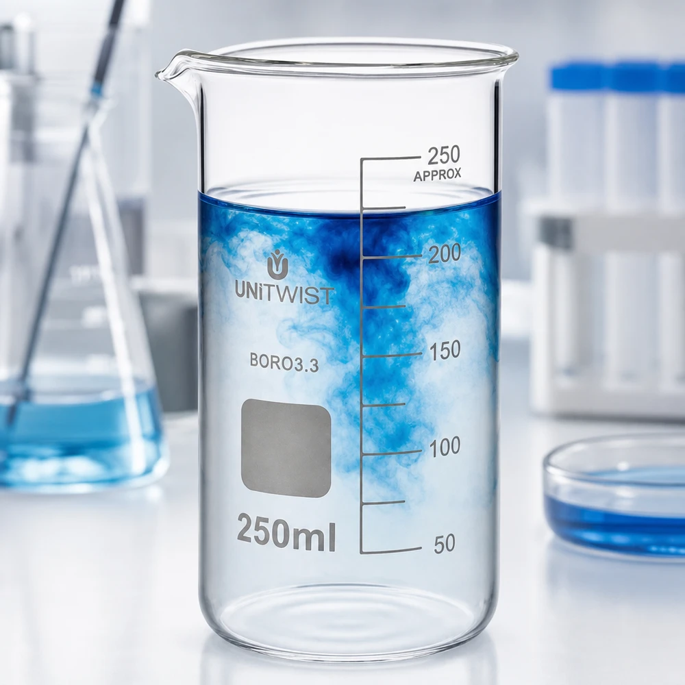 Przezroczysta szklanka borokrzemianowa o pojemności 250 ml, wysoka, z niebieskim roztworem i białą mgiełką