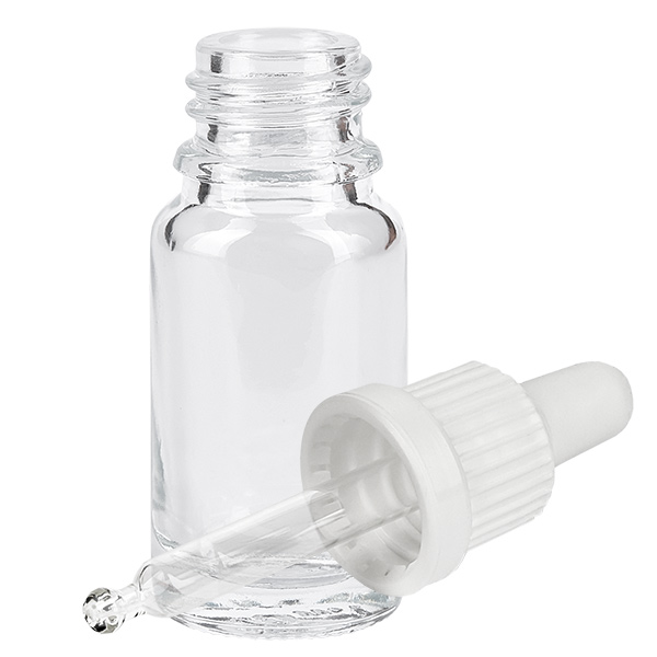 Butelka z pipetą 10 ml biała OV ClearLine UT18/10 Mała buteleczka z pipetą o pojemności 10 ml, wykonana z przezroczystego szkła, z białą nasadką pipety i gumową przyssawką
