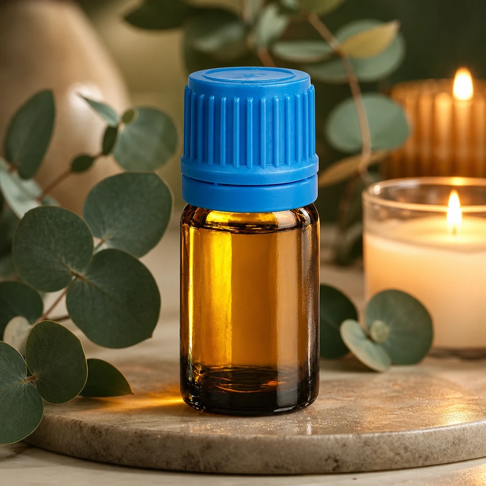 5 ml butelka do aromaterapii wykonana z bursztynowego szkła chronionego przed promieniowaniem UV z bezpieczną niebieską zakrętką